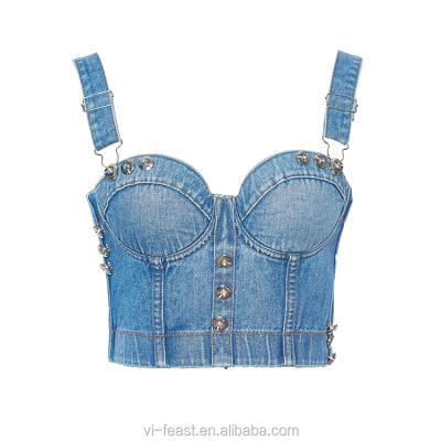 China Anti-pilling NT1022 - Vendor Clothing Vests Women Tie Up Slim Cut Fashion Top Jean Corset Bra Tank Top Denim Sleeveless Bustier Button Blue for sale