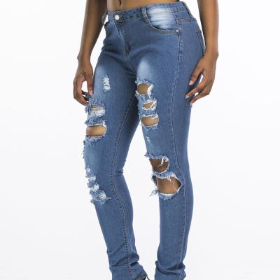 China VF0753-New arrivals QUICK DRY fashion skinny light blue denim pants ripped distressed women jeans for sale