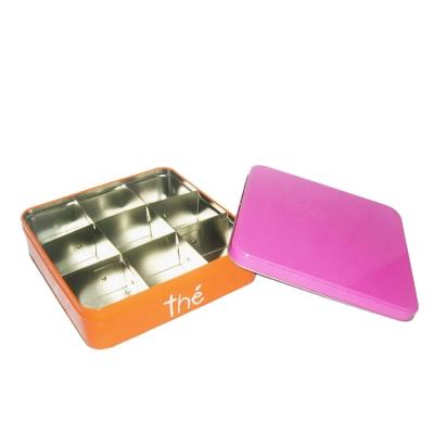 China Recycled Materials Custom Design Black Red Green Coffee Tea Bags Packaging Metal Tin Box With Compartments Divider Grid for sale