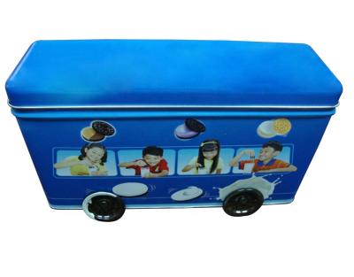 China Recycled Materials Manufacture Hot Sale Customized Food Safe Candy Cookie Car Bus Shape Tin Box With Wheels for sale