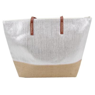 China Fashion Sundayhome Portable Large Burlap Personalized Beach Bags Money With Leather Handles On Sale for sale