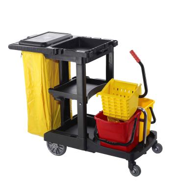 China Hotel Cleaning Plastic Trolley With 2 Water Buckets Cleaning Trolley With Combined Side Press PP Plastic Dismountable for sale