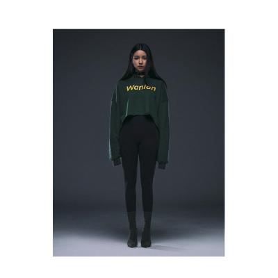 China Custom army girls fleece poly cotton crop hoodies green color basic anti-shrink for women for sale