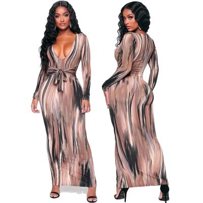 China Anti-Wrinkle All Over Print V-Neck Maxi Sexy Plus Size Club Bodycon Casual Wear Women Party Longer for sale