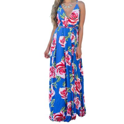 China Breathable Customize Summer Women Fashion V Neck Strap Print Big Swing Skirt Slip Halter Dress for sale