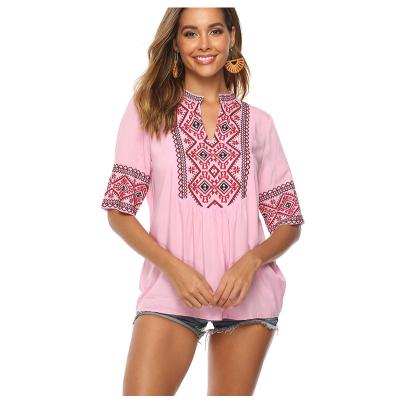 China Anti-pilling new women's summer beach printed short shirt women's tops chiffon sleeve totem embroidered shirt for sale