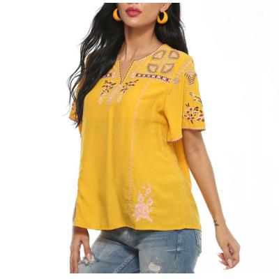 China Border women's short sleeve top anti-pilling cotton shirt embroidery French V-neck casual loose female shirt for sale