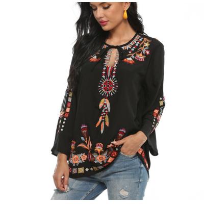 China Anti-pilling Loose Long Sleeve Shirt Cotton Round Neck Embroidered Shirt Bohemian Women's Top for sale