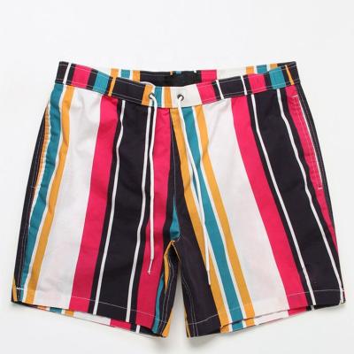 China Sustainable retro stripes cotton custom swim trunks for men with drawstrings for sale