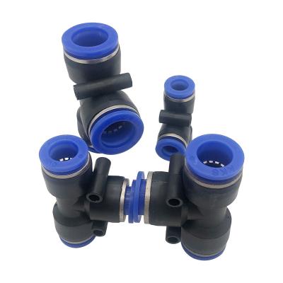 China Blue PE Air Hose Type Hotels Three Way Pneumatic Connector T-shape Flattening Hose Joint T-Branch Hose Connector for sale