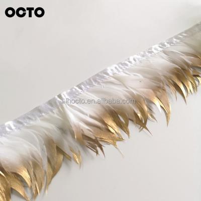 China Clothing Accessories Costume Sewing Accessory 8-10cm Gold Tipped Goose Stripped Feather Stringed Fringe Trimming for sale