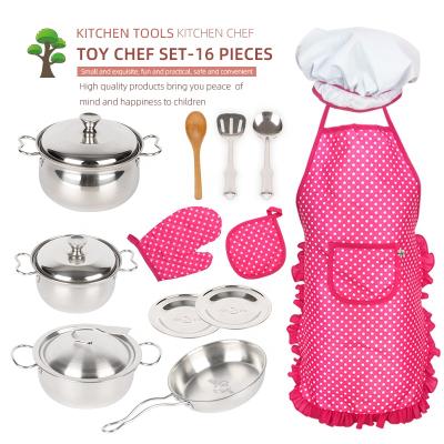 China Funny Chef Role Play Education Set Toys Kid Costume Dress Up Stainless Steel Cookware Cutlery Kits Mini Kitchen Toy Set For Girl Boy Kid Baby Toddler for sale