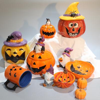 China Halloween Deluxe Costume Cute Elf Pumpkin With Lamp Ceramic Lamp Halloween Decorations Decor Home Decoration for sale