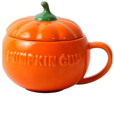 China Sustainable Halloween Gift Pumpkin Shaped Mug Pumpkin Ceramic Coffee Mug With Lid And Spoon for sale