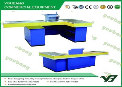 China Supermarket conveyor belt checkout counter , retail check out counter blue color for sale