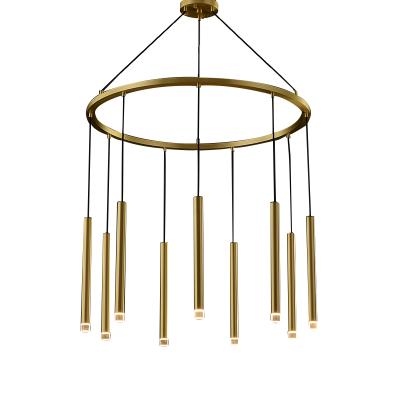 China Modern Creative Luxury Brass G4 Acrylic Led Light Bar Pendant Restaurant Round Simple Hanging Lamp Light Socket Chandelier for sale