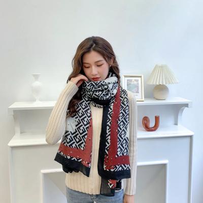 China Popular Custom Luxury Colorful Diamond Design Long Geometric Printed Ladies Cotton And Linen Viscous Scarf Shawls for sale