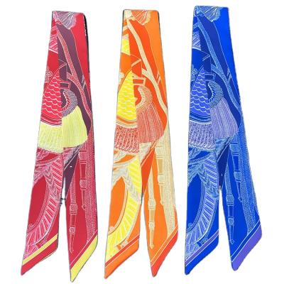 China Hot Sale Long Shape Printing 5*90cm Small Twill Ribbon Tied Handbag Scarf Silk Fashion Small Scarf for sale