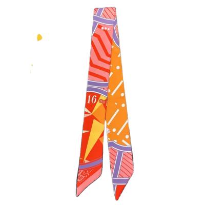 China New shape long hot sale digital printing 5*90cm small twill ribbon tied silk handbag scarves factory wholesale for sale