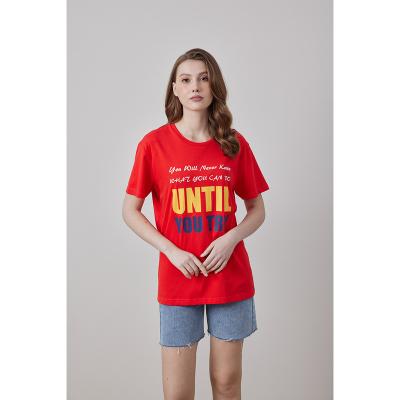 China Regular Wholesale Price Organic Red Round Short Sleeve 100% Cotton Letter Style Loose Neck Elastic Shirt For Women for sale