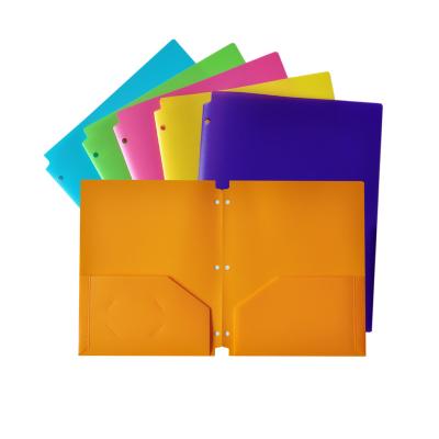 China Cheap Printing School A4 Poly PP Two Pockets Office School Stationery Folder With Card Solt 3 Hole Folder for sale