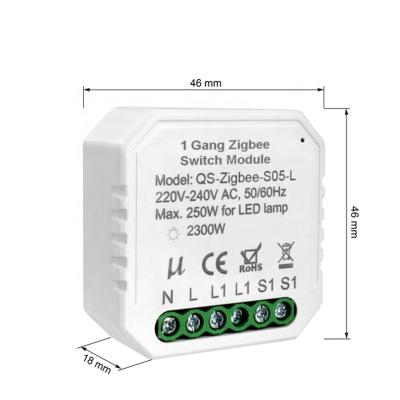 China Remote control on-off relay without wire Zigbee neutral switch module 46*46*18mm for sale