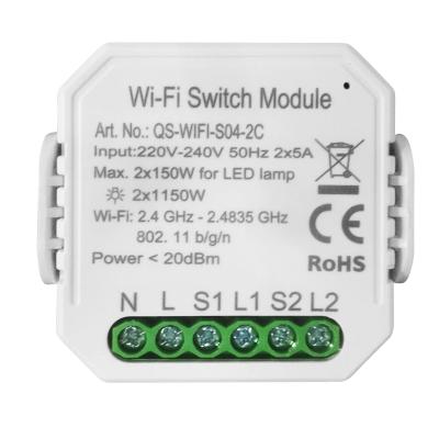 China Tuya Wifi 90V-250V Wireless Smart Switch 2 Band 2 Channel Switch Module 46*46*18mm for sale