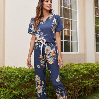 China Luxury V-neck short sleeve printed T-shirt bow two-piece home wear pajamas new European and American women's foreign trade suit for sale