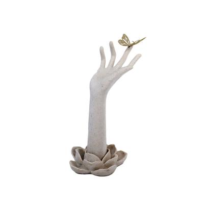 China RESIN/IRON Sandstone Resin Hand with Butterfly in Finger Jewelry Holder, Jewelry Tray Organizer for sale