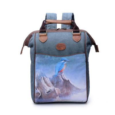 China No Bird Printed Kids Student Canvas Backpack School Bag With Leather Trim for sale