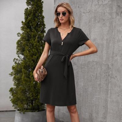 China Classy Sun Ladies V-Neck Solid Color Dress Bow Modest Short Sleeve Short Casual Black Anti-Static Leotard Women Dress Long Vestido de faldas for sale