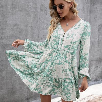 China Elegant modest v-neck ruffle knee length above women anti-static print summer dresses cotton kleid casual arket classy dress for sale