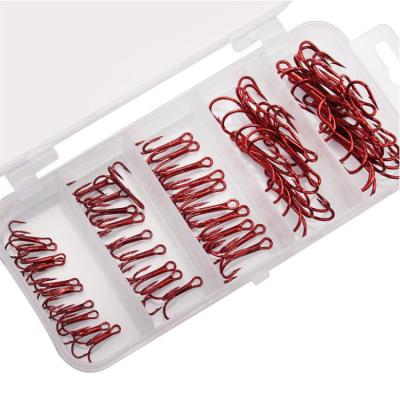 China 50pcs Wholesale High Quality High Carbon Steel Fishing Tackle Red High Carbon Steel Treble Hooks Sea Fishing Accessories 2#/4#/6#/8#/10# for sale