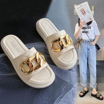 China Factory Price New Hot Sale Women's Flat Fashionable Casual Sandals Open Toe Slip On Ladies Gold Chain Women Slide Slippers for sale