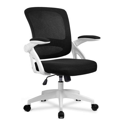 China (Size) Adjustable White Ergonomic Mesh Computer Desk Chair With Flip Up Armrest Mid Back Task Home Office Swivel Chair With Smooth Casters for sale