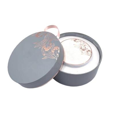 China New Arrival 2pc Gray Cylinder Shape Lid Recyclable Rigid Cardboard Travel Jewelry Box with Hot Stamp Flower and Ribbon Handle for sale