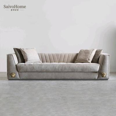 China Popular Living Room Ornate Tufted Gray Fabric Sofa Set Home Furniture Sofa Set Metal Luxury Modern Design Decoration for sale