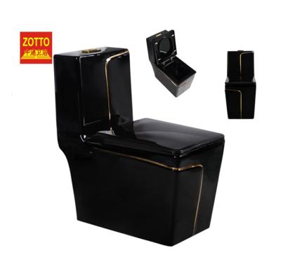 China 2021 Designs Modern Glossy Glossy Black With Elegant Luxury Gold Line Dresser S Ptrap Price One Piece Toilet for sale