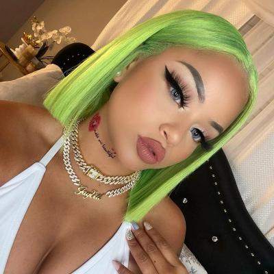 China Green Colored Bob Wig Short Straight Hair Short Bob T Piece Transparent Lace Up Wig 180% Brazilian Remy Human Hair Wig for sale