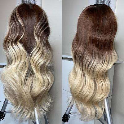 China Ombre Brown Body Wave Hair Thin Straight Thick Shedding Wigs For Women 613 Blonde HD Colored Transparent Highlight Lace Wigs With Pre Plucked Hairline for sale