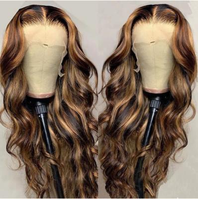 China No shedding& Tangle Brazilian Hair Wig Highlight Body Wave Lace Front Human Hair Wigs 13x4 Brown Color Transparent Lace Wigs for sale