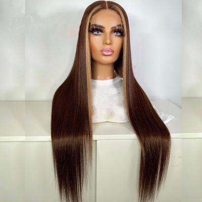 China No shedding& Tangle Hair Wig Brown Straight Lace Front Wig Blonde Highlight Human Hair HD Lace Frontal Wigs Brazilian Virgin Hair Wigs For Women for sale