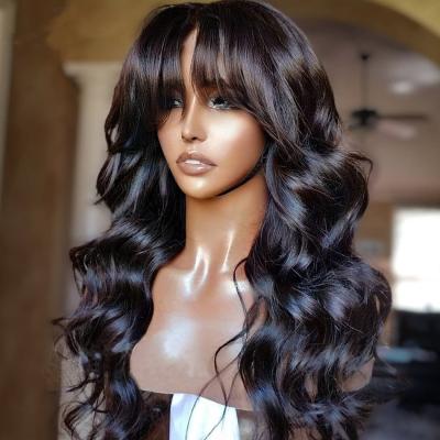 China Wholesale Brazilian Body Wave Hair Bangs Wavy Wig Full Body Hair Machine Made Wig With Bangs Remy Human Hair For Black Women for sale