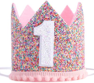 China Baby First Birthday Party Crown 1st Birthday Crown Headband Babies Boy Girls Party Hat Pink Casual Elastic Headband for sale