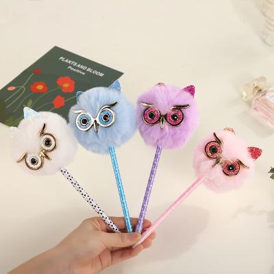 China Promotion Casual Cartoon Owl Shaped Funny Cute Fluffy Pom Pen Animal Pen For Kid for sale