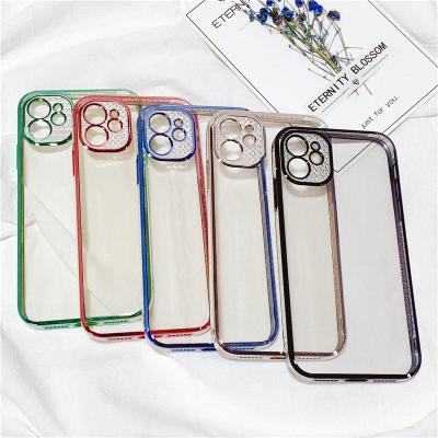 China Diamond Lens Phone Case For pro Max Border iPhone 11 12 13 Luxury Shockproof Plated Luminous Transparent Cover Device for sale