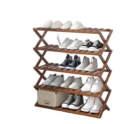 China Minimalist 5 Tier Storage Organizer Foldable Bamboo Shoe Portable Folding Rack Shoes for sale