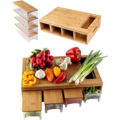 China Sustainable bamboo cutting board with with juice grooves and pullers. Bamboo chopper with 4 removable plastic and bamboo container lids for sale