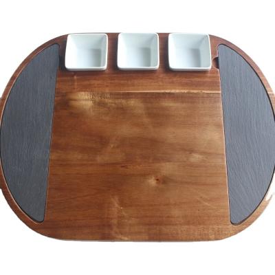 China Sustainable Acacia Wood Round Cheese Cutting Board Set With Cheese 3 Ceramic Bowls for sale