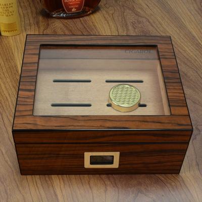 China Moisture-proof Wholesale Cedar Gloss Wood Cigar Humidor Large Capacity Cigar Humidor Glass Top Cigar Box Cabinet Travel Humidor for sale